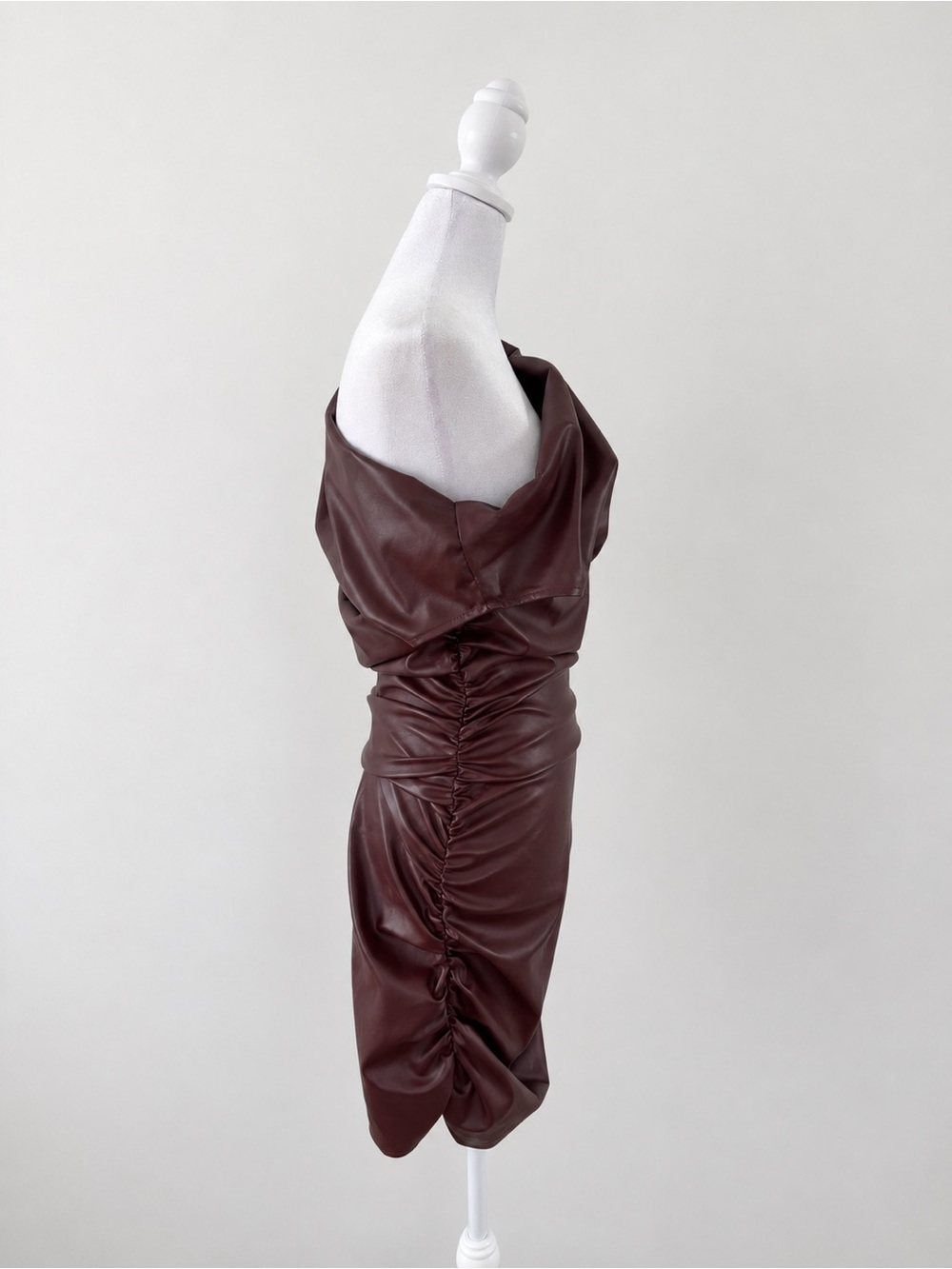 Micas Faux Leather Ruched Boat Neck Asymmetrical Sleeveless Mini Dress Maroon - Picture 8 of 9